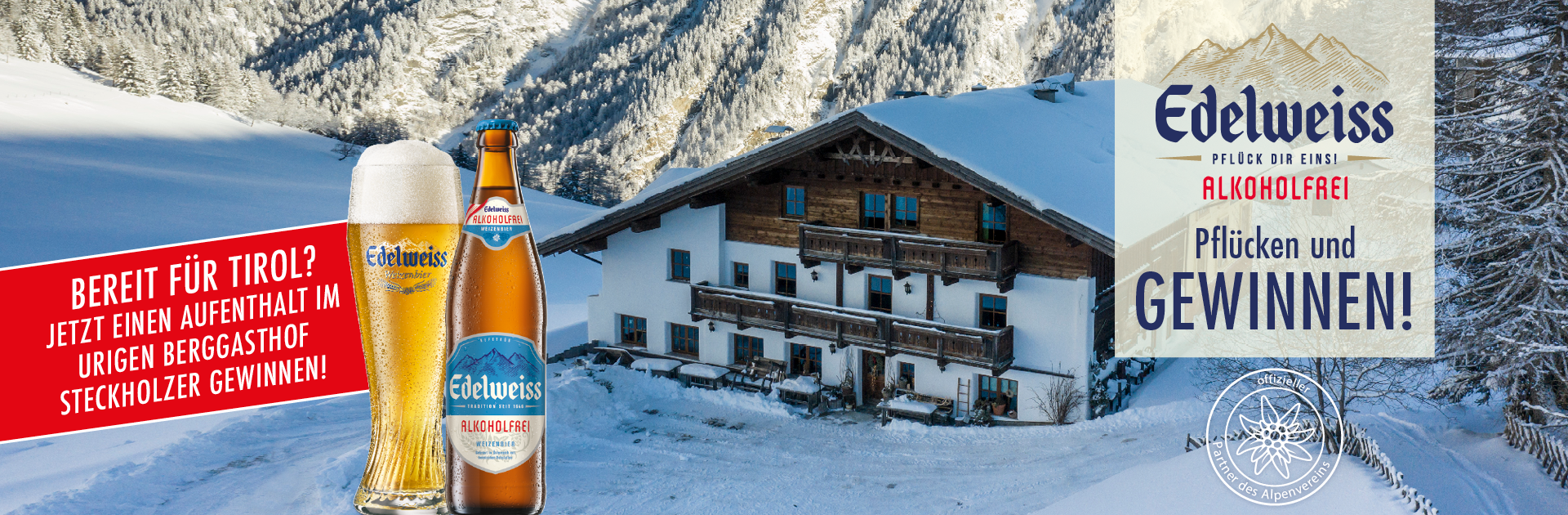 Das Bild zeigt das Edelweiss Alkoholfrei Bier und im Hintergrund eine Hütte in verschneiter Winterlandschaft.